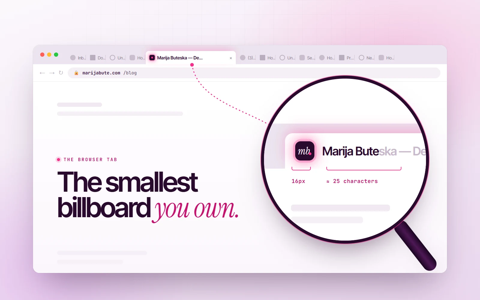 A crowded browser tab bar where one tab, with a glowing pink favicon, stands out from the rest
