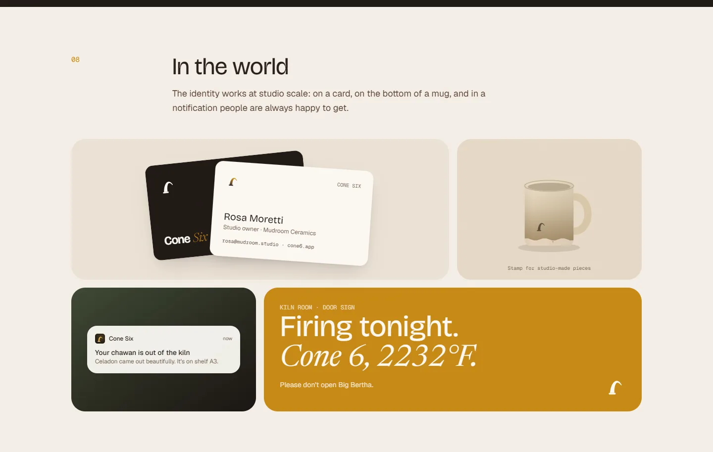 Business cards, a stamped mug, a phone notification and a kiln room door sign