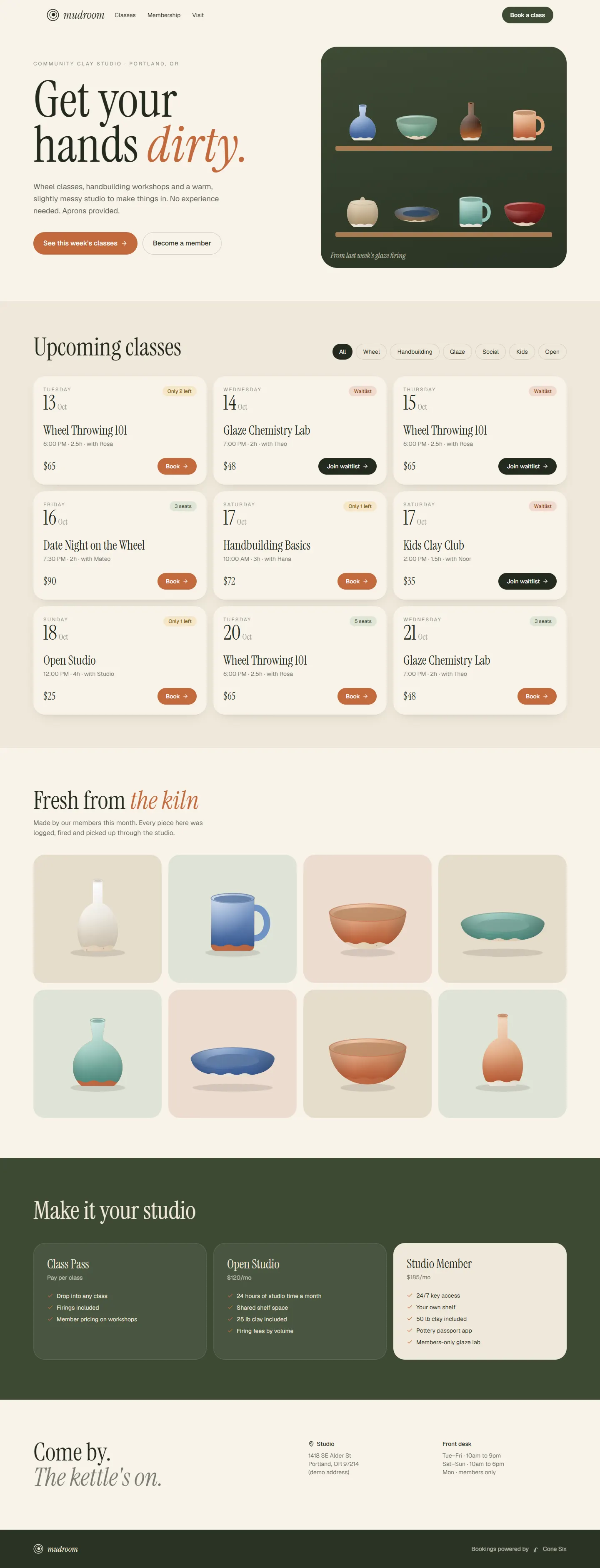 Mudroom Ceramics customer website with classes and membership
