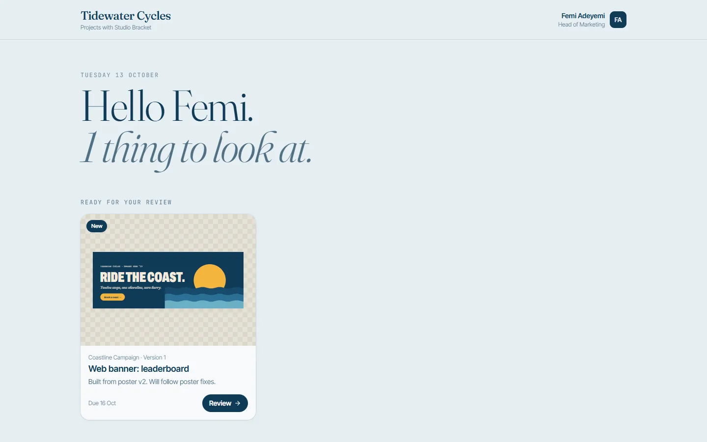 Tidewater Cycles client portal in coastal blues