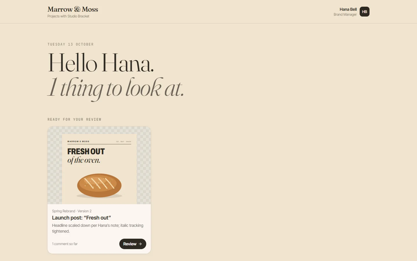 Marrow & Moss client portal in warm bakery tones