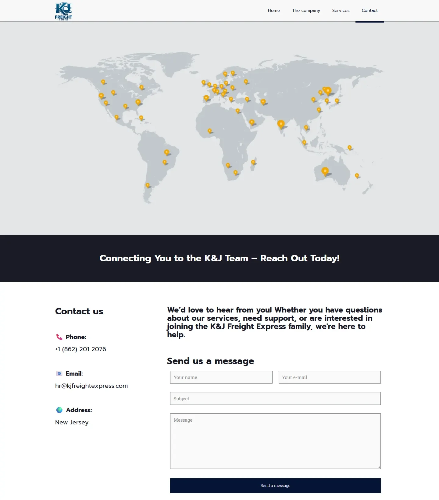 Contact page with world map, contact details and message form