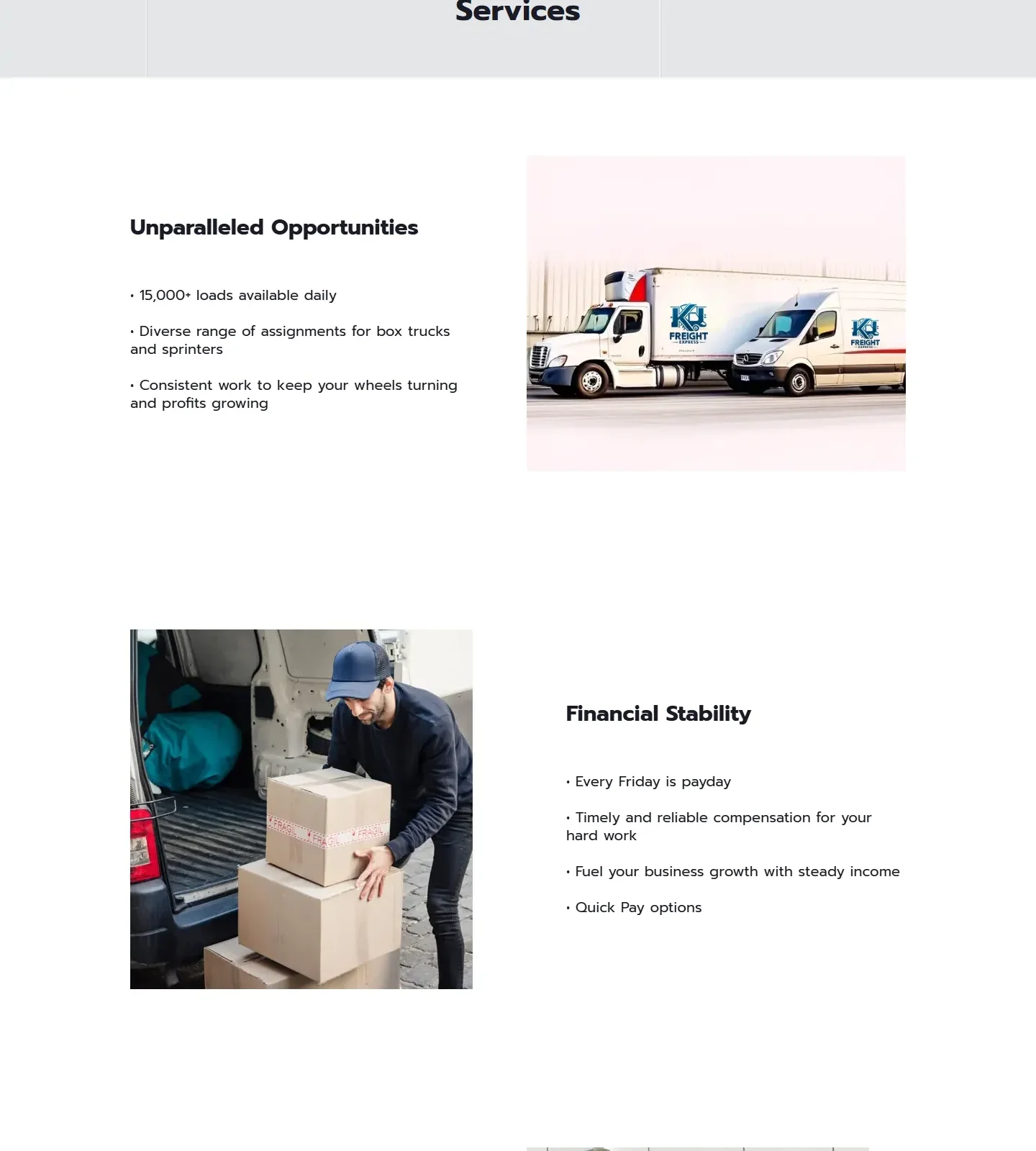 Services page sections with photos and benefit lists