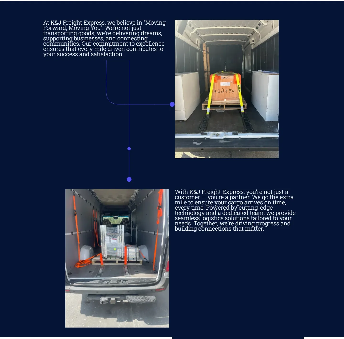 The company story set against real cargo photos on navy