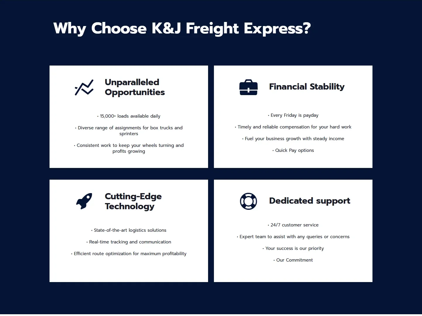 Why Choose K&J Freight Express: four benefit cards on navy