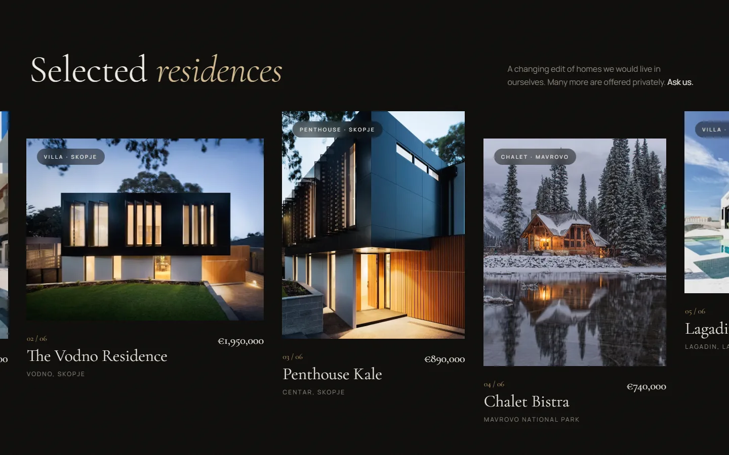 Selected residences gallery with villa, penthouse and chalet cards