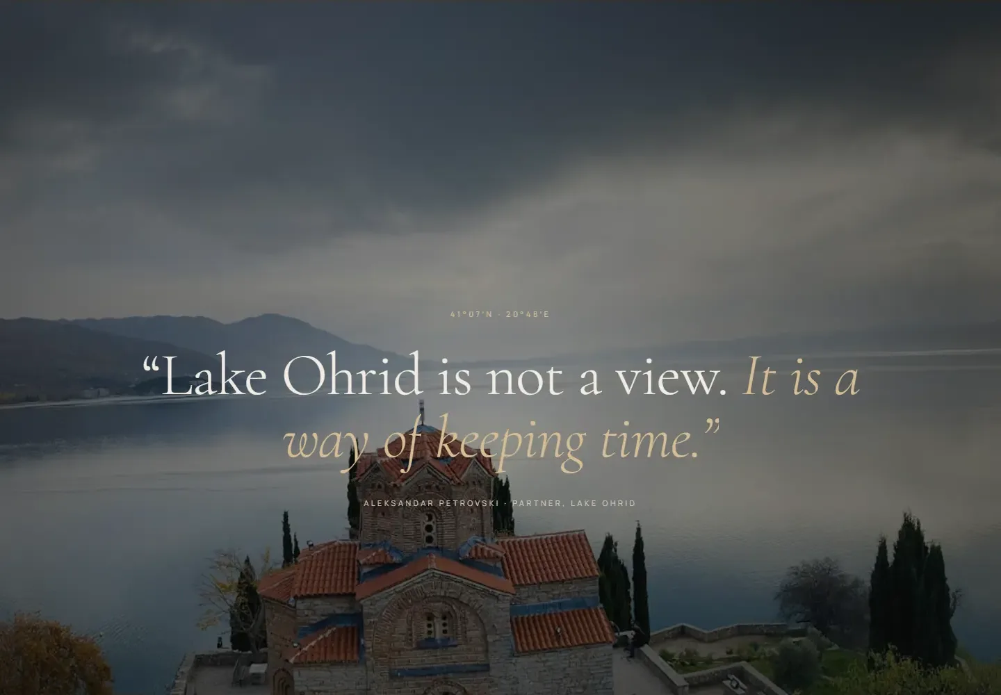 Full-bleed vista of Lake Ohrid with a pull quote
