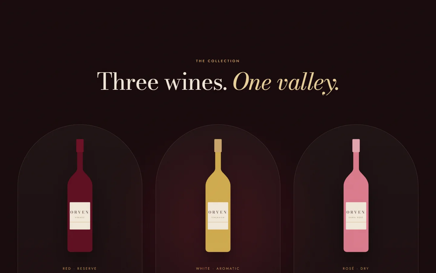 Three wines collection with bottles in arched cards