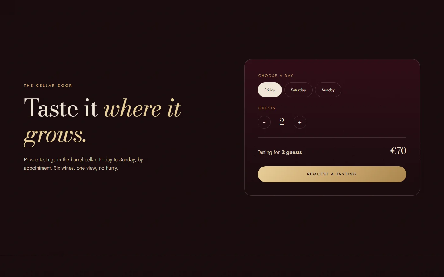 Cellar door booking card with day chips and guest stepper