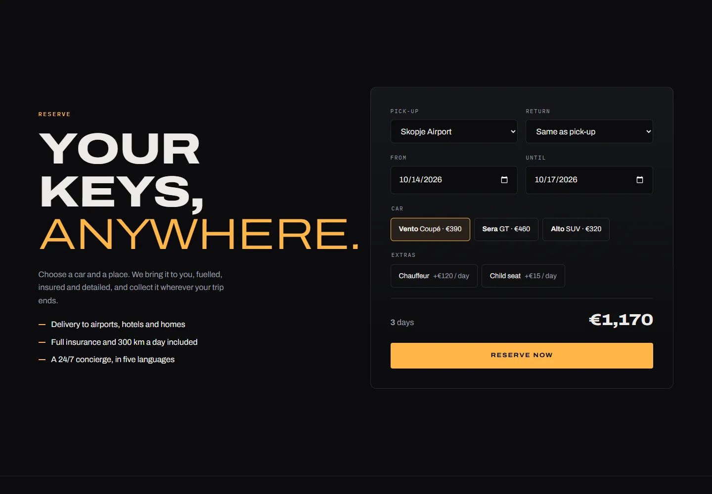 Reservation form with pick-up, dates, car choice, extras and live total