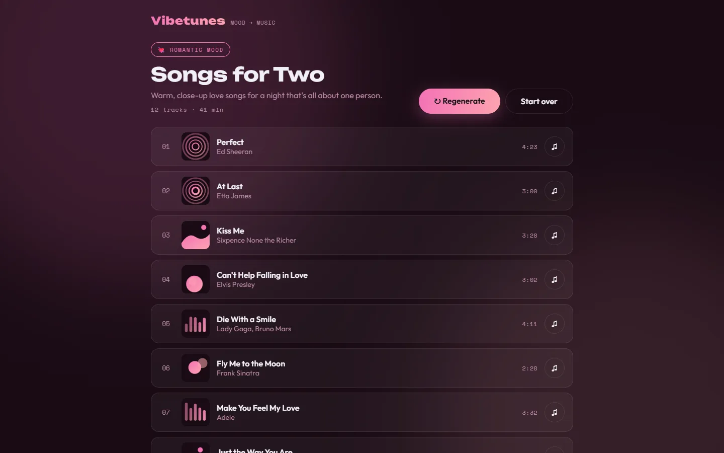 A romantic playlist called Songs for Two, tinted pink